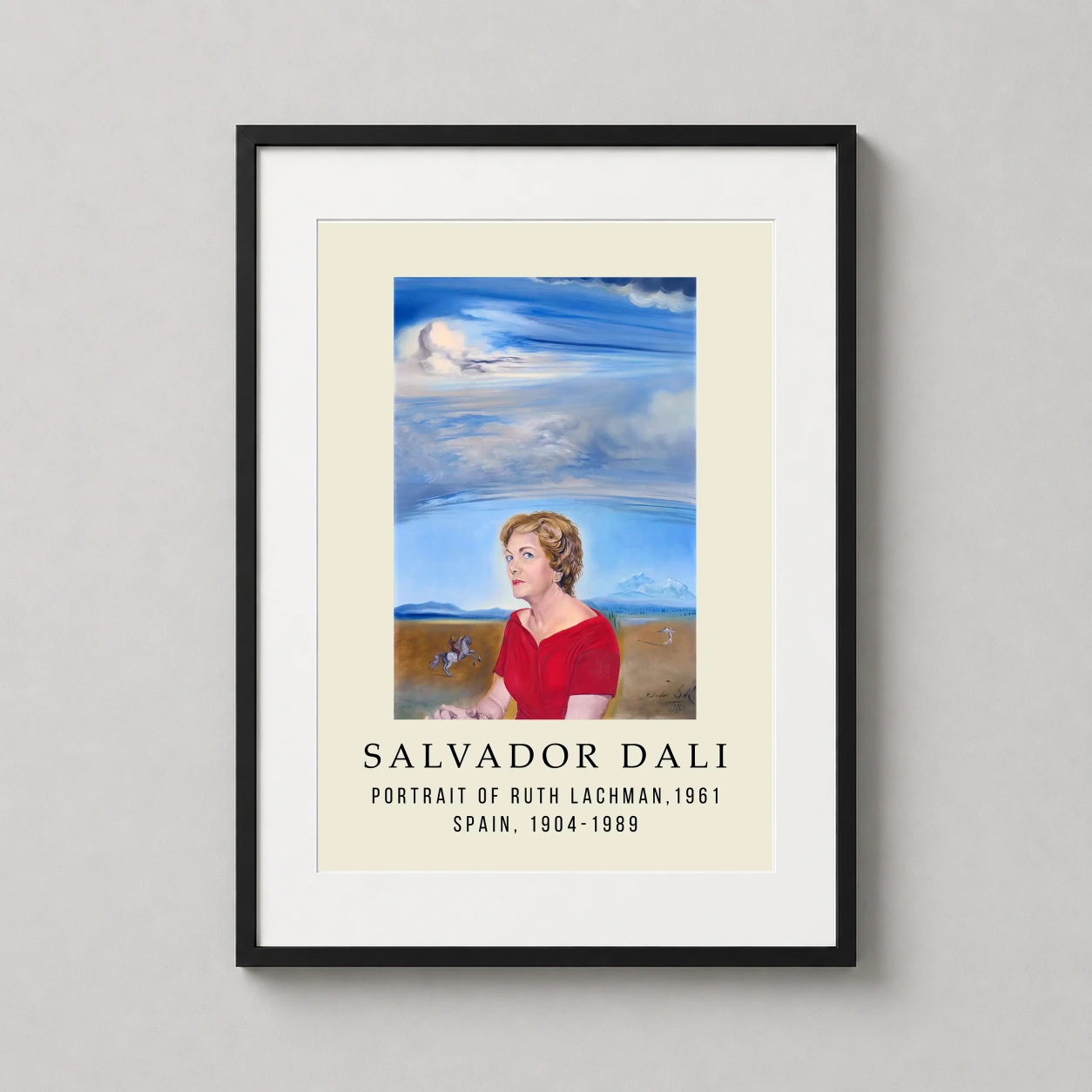 Room mockup of Salvador Dali Portrait of Ruth Lachman 1961 Surrealist Art Print, displayed as framed wall art in a living room setting as a portrait print with blue and red tones.