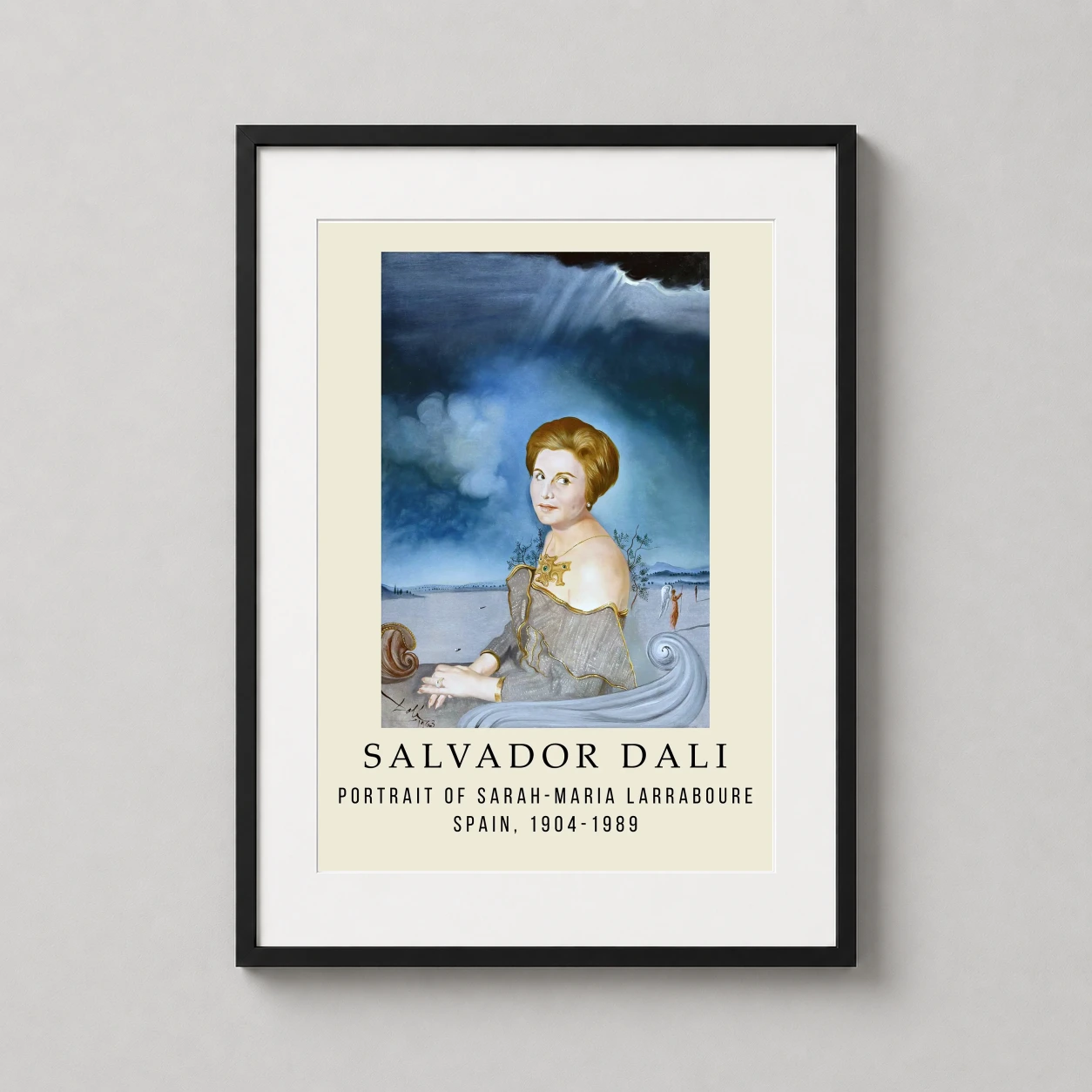 Room mockup of Portrait of Sarah Maria Larraboure by Salvador Dali Art Print, displayed as framed wall art in a living room setting as a portrait print with blue, gold, and grey tones.