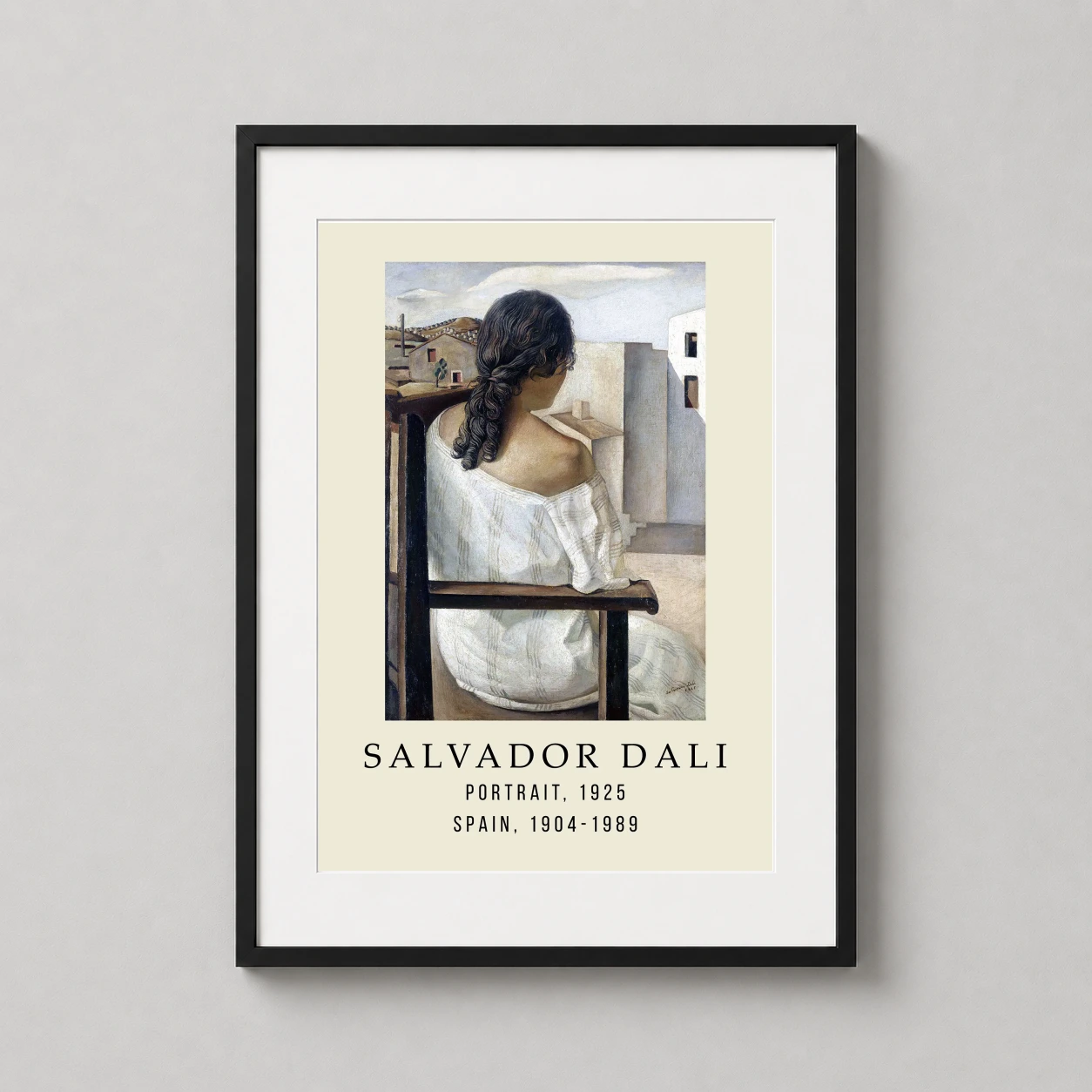 Room mockup of Salvador Dali Portrait 1925, Spanish Coastal Landscape Art Print, displayed as framed wall art in a bedroom setting as a portrait print with white tones.