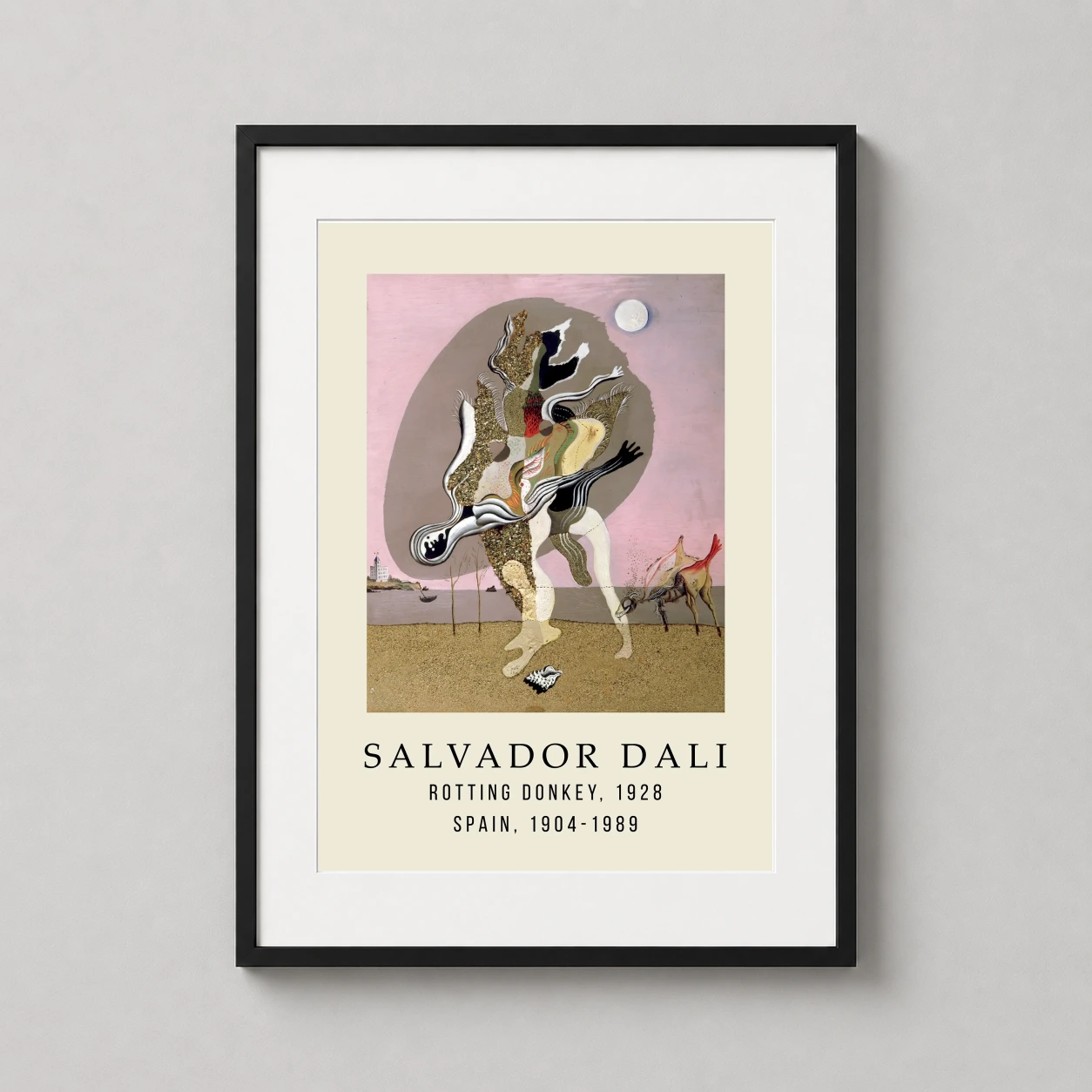 Room mockup of Salvador Dali Rotting Donkey 1928 Surrealist Art Print, displayed as framed wall art in a living room setting as a portrait print.