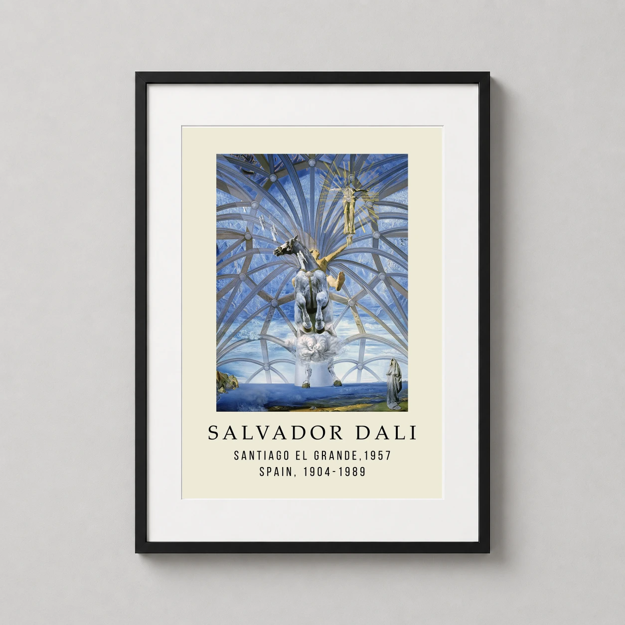 Room mockup of Santiago El Grande Salvador Dali Exhibition Poster Art Print, displayed as framed wall art in a living room setting as a portrait print with blue and white tones.