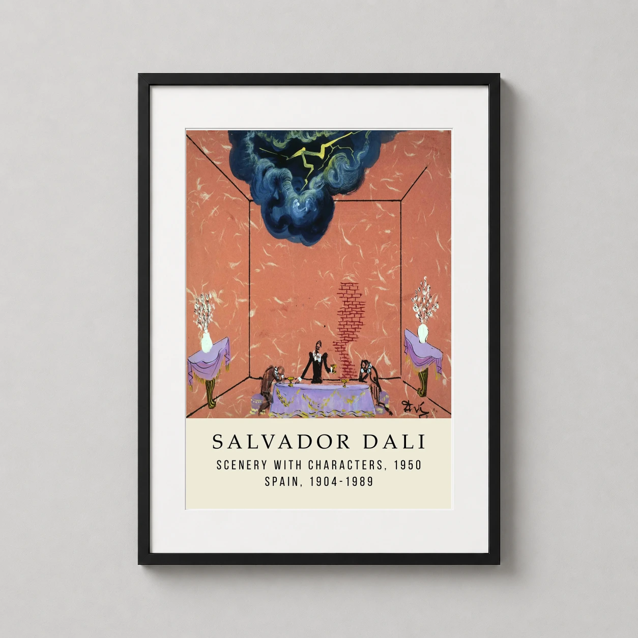 Room mockup of Salvador Dali Scenery with Characters 1950 Surrealist Art Print, displayed as framed wall art in a living room setting as a portrait print with pink and purple tones.