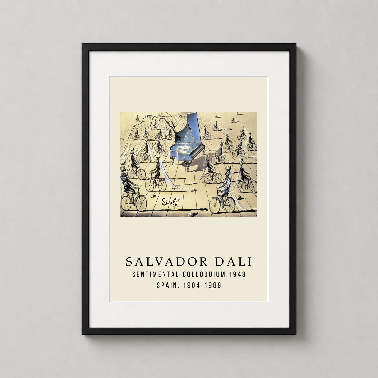 Room mockup of Salvador Dali Sentimental Colloquium 1948 Surrealist Art Print, displayed as framed wall art in a living room setting as a portrait print with blue and white tones.