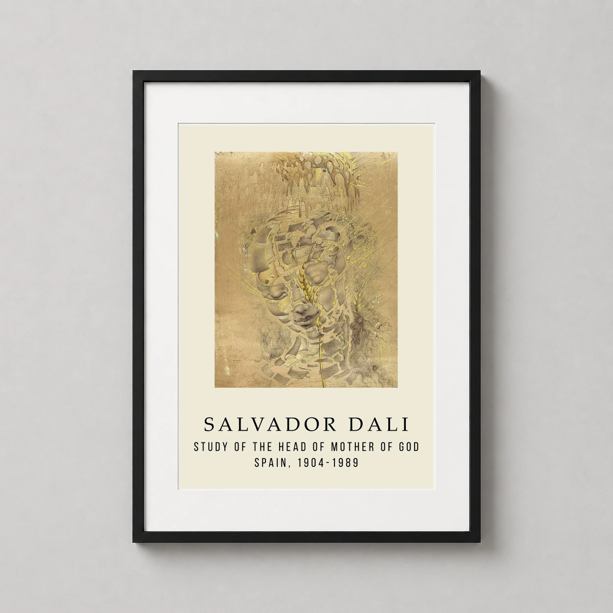 Room mockup of Salvador Dali Study of the Head of Mother of God Art Print, displayed as framed wall art in a living room setting as a portrait print with gold tones.