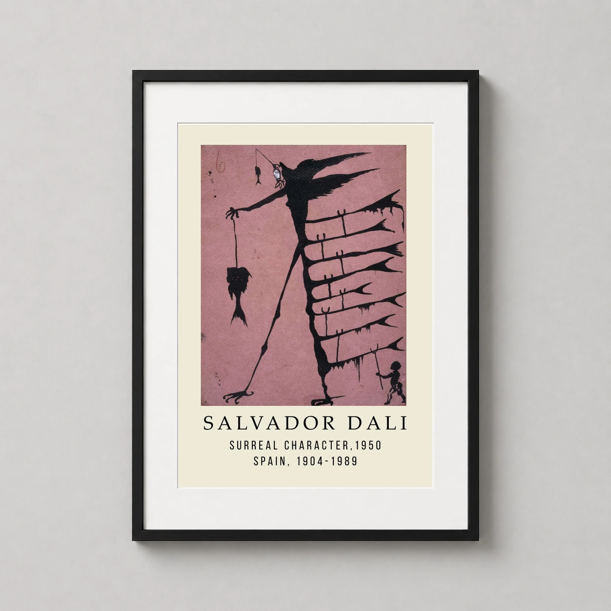 Room mockup of Salvador Dali Surreal Character 1950 Exhibition Art Print, displayed as framed wall art in a living room setting as a portrait print with pink and black tones.