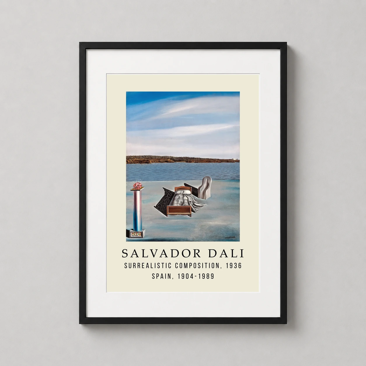 Room mockup of Salvador Dali Surrealistic Composition 1936 Exhibition Art Print, displayed as framed wall art in a living room setting as a portrait print with blue and red tones.