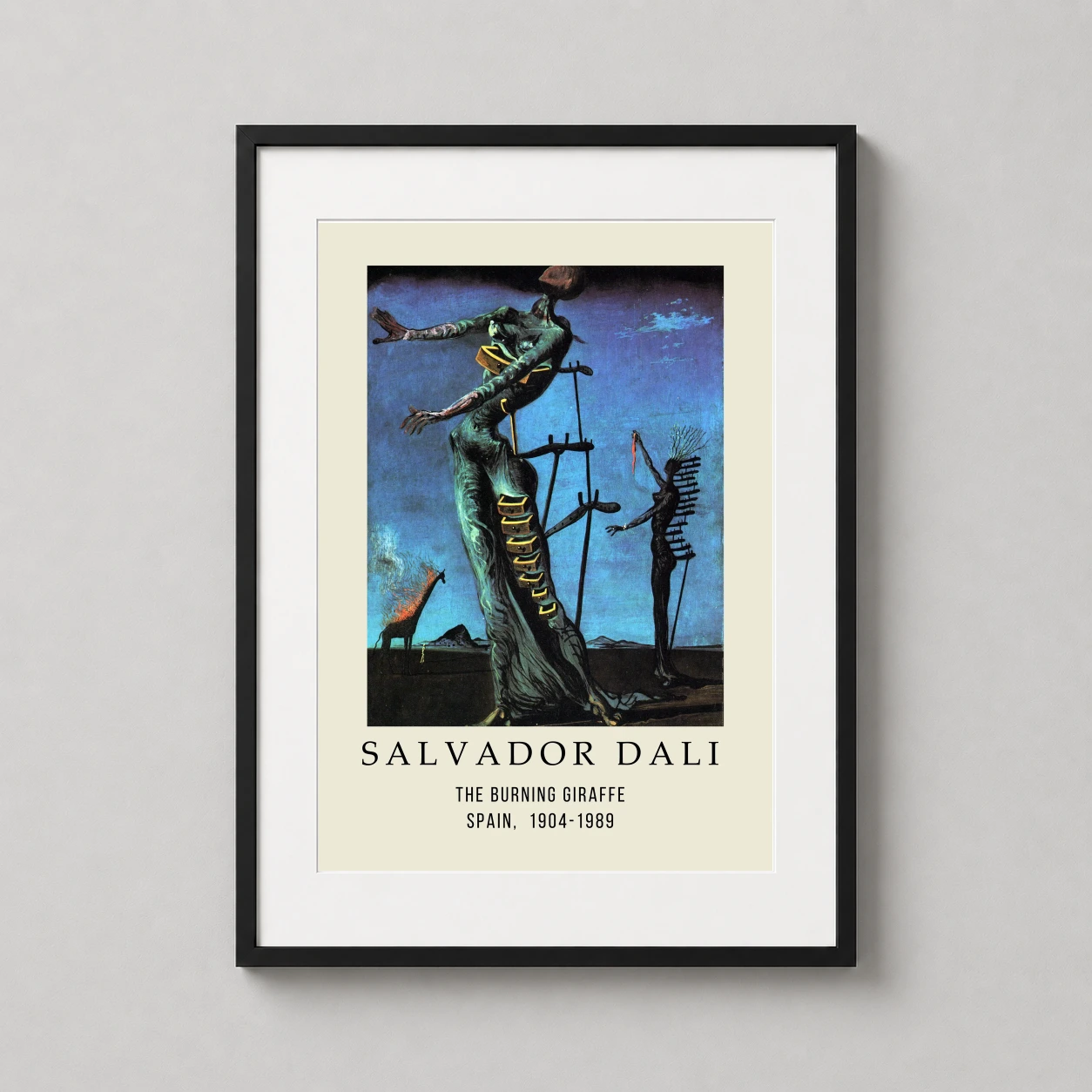 Room mockup of The Burning Giraffe by Salvador Dali, Surrealist Art Print, displayed as framed wall art in a living room setting as a portrait print with blue and gold tones.