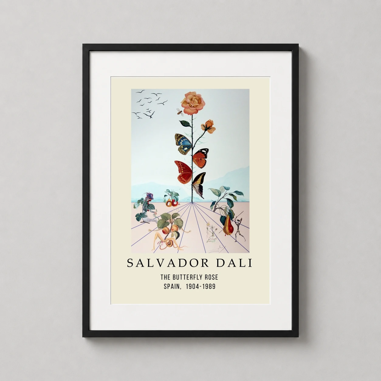 Salvador Dali Butterfly Rose — surrealist Salvador Dali exhibition print featuring a vertical rose