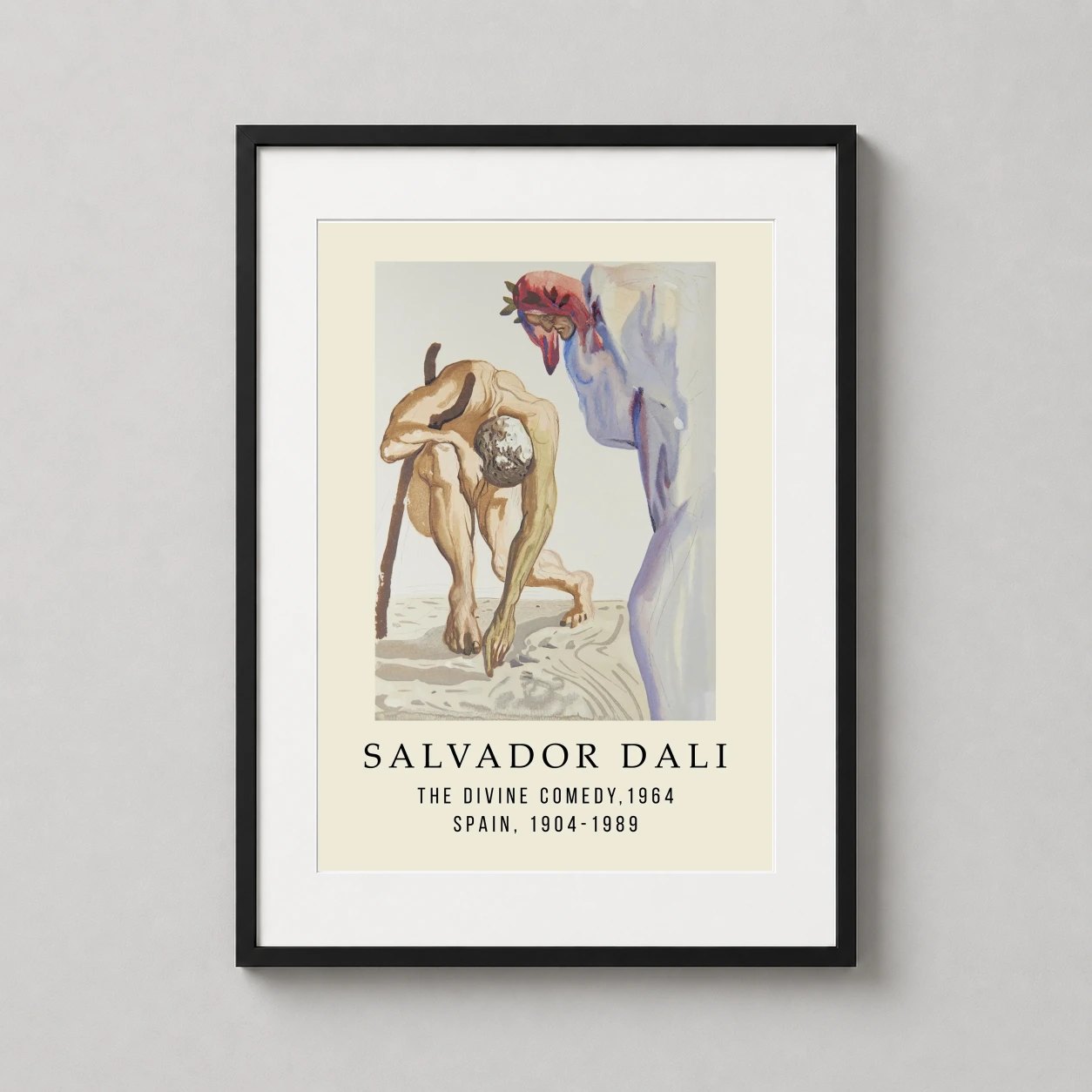Room mockup of Salvador Dali Divine Comedy 1964 Watercolor Art Print, displayed as framed wall art in a living room setting as a portrait print with blue and yellow tones.