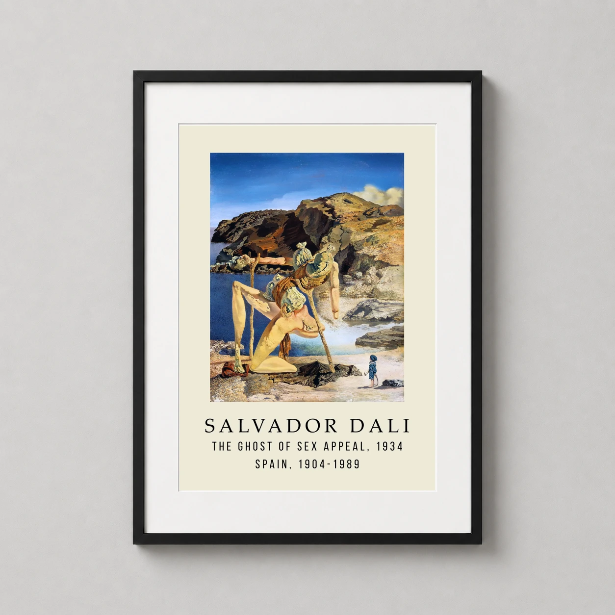 Room mockup of Salvador Dali The Ghost of Sex Appeal 1934 Surrealist Art Print, displayed as framed wall art in a living room setting as a portrait print with blue tones.
