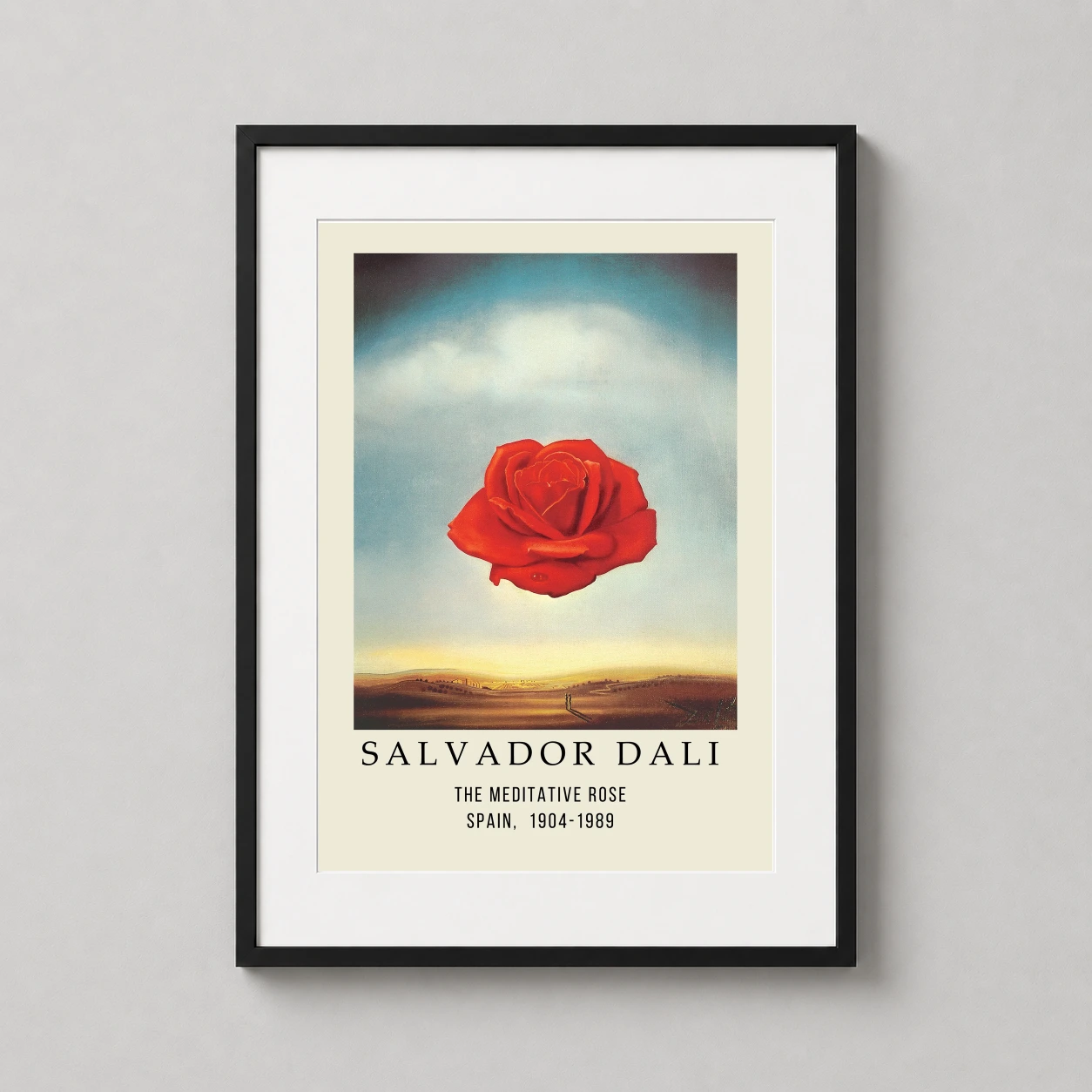 Room mockup of The Meditative Rose by Salvador Dali Surrealist Art Print, displayed as framed wall art in a bedroom setting as a portrait print with blue and red tones.