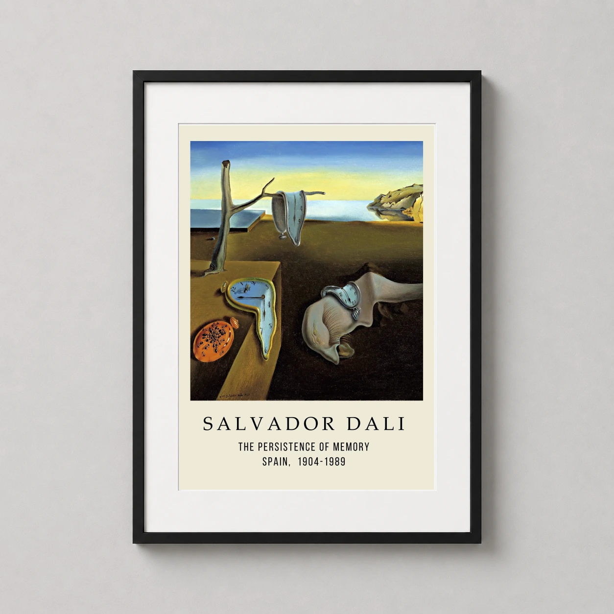 Room mockup of Salvador Dali The Persistence of Memory Melting Clocks Art Print, displayed as framed wall art in a living room setting as a portrait print with blue, green, and orange tones.