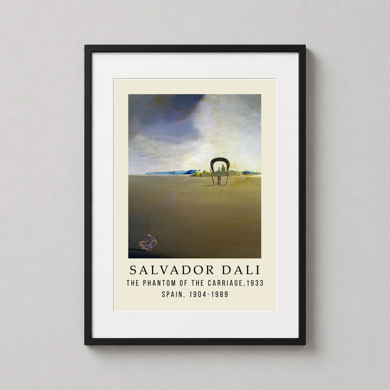 Room mockup of Salvador Dali, The Phantom of the Carriage (1933) Art Print, displayed as framed wall art in a living room setting as a portrait print with yellow and gold tones.