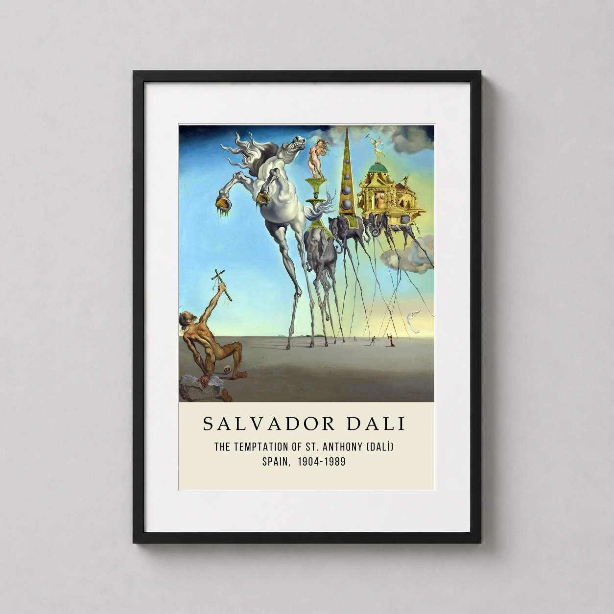 Room mockup of St. Anthony's Temptation Salvador Dali Surrealist Art Print, displayed as framed wall art in a living room setting as a portrait print with blue and white tones.