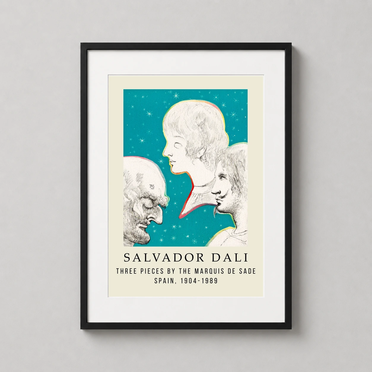 Room mockup of Salvador Dali Three Pieces by the Marquis de Sade Version 3 Art Print, displayed as framed wall art in a living room setting as a portrait print with blue and teal tones.