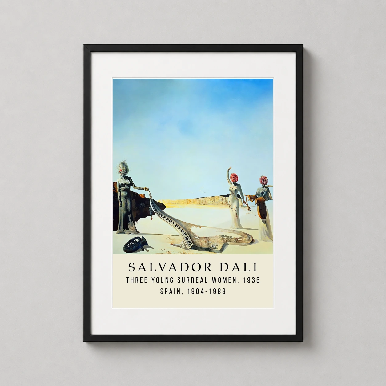 Room mockup of Three Young Surreal Women Salvador Dali Surrealist Art Print, displayed as framed wall art in a living room setting as a portrait print with blue tones.