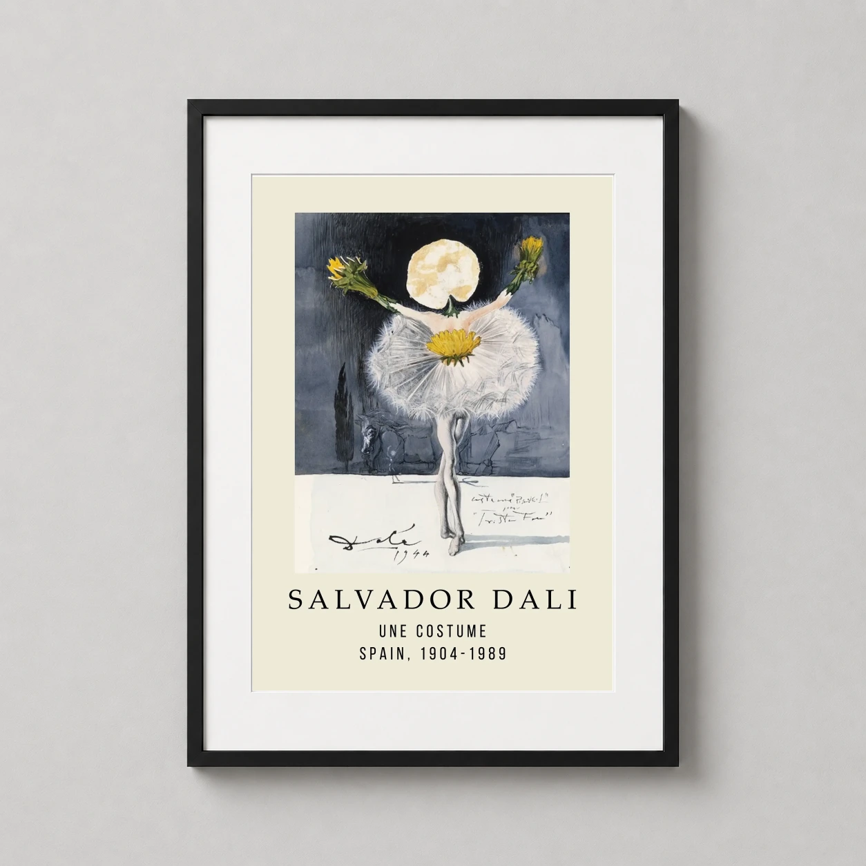 Room mockup of Salvador Dali Une Costume 1944 Surrealist Exhibition Art Print, displayed as framed wall art in a living room setting as a portrait print with yellow tones.