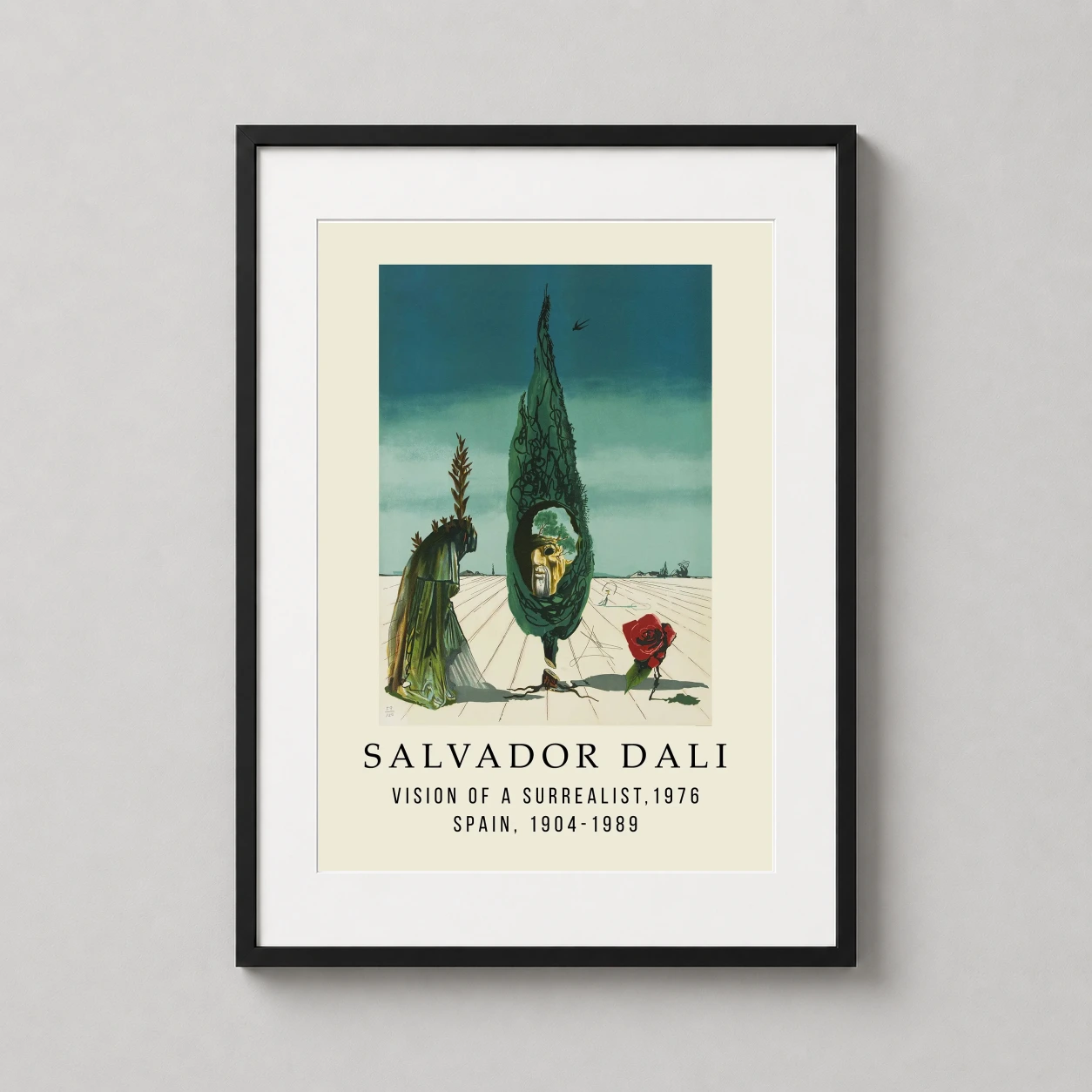 Salvador Dali Vision Surrealist — this Dali exhibition poster features a dreamlike landscape with a tall