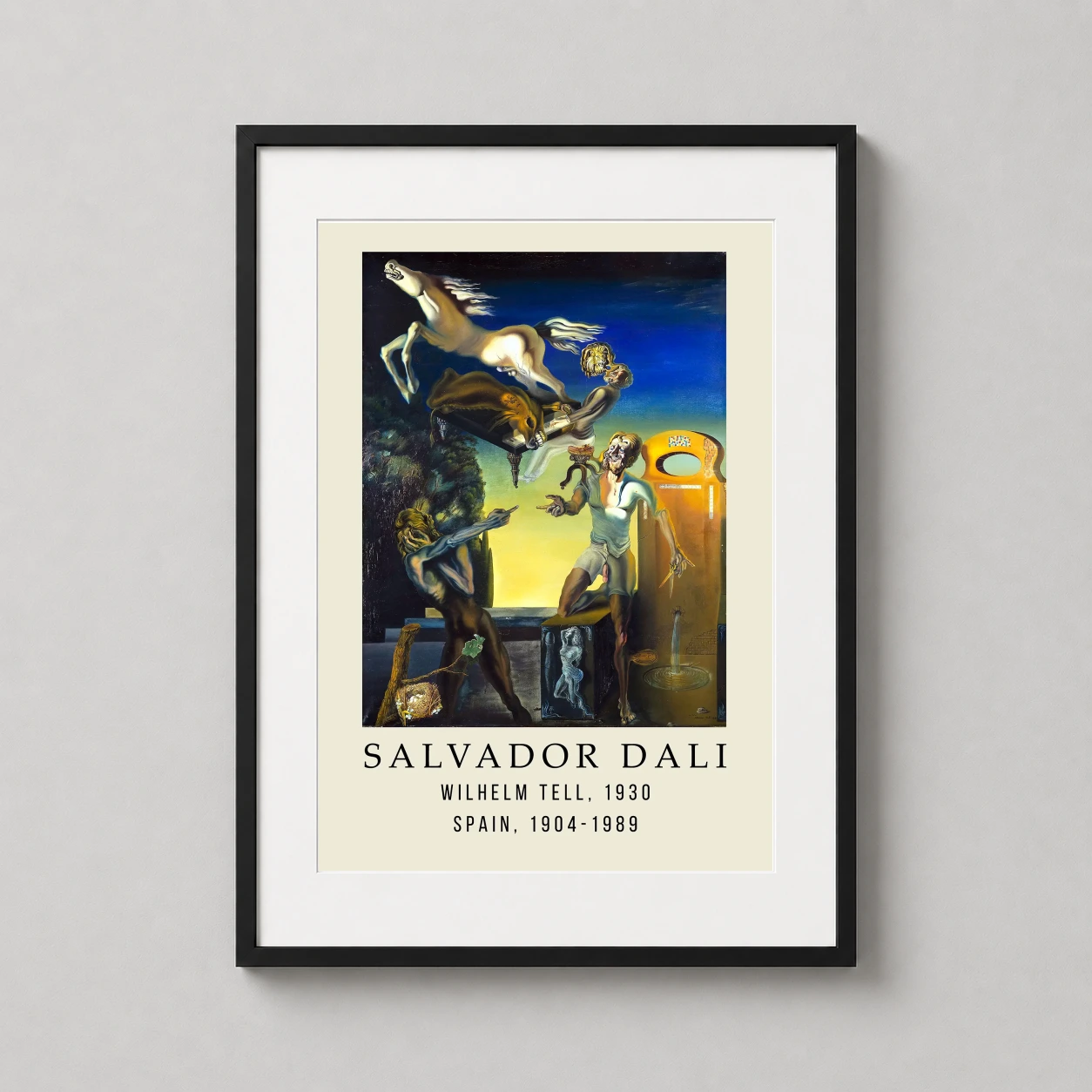 Room mockup of Wilhelm Tell 1930 Salvador Dali Surrealist Art Print, displayed as framed wall art in a living room setting as a portrait print with blue, orange, and white tones.