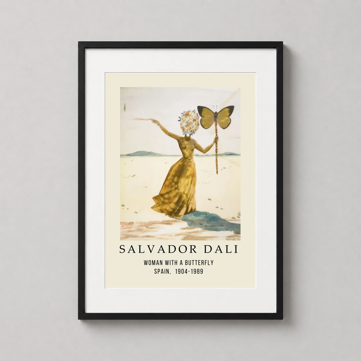 Salvador Dali Woman Butterfly — this surrealist art print features a woman in a golden gown with a