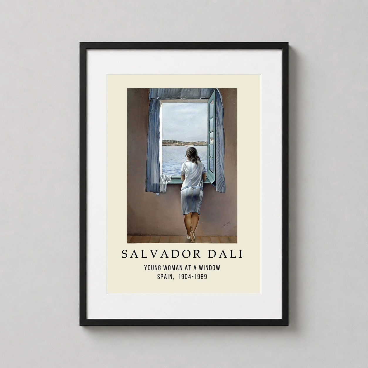 Room mockup of Salvador Dali Young Woman at a Window, Fine Art Wall Print, displayed as framed wall art in a living room setting as a portrait print with blue tones.