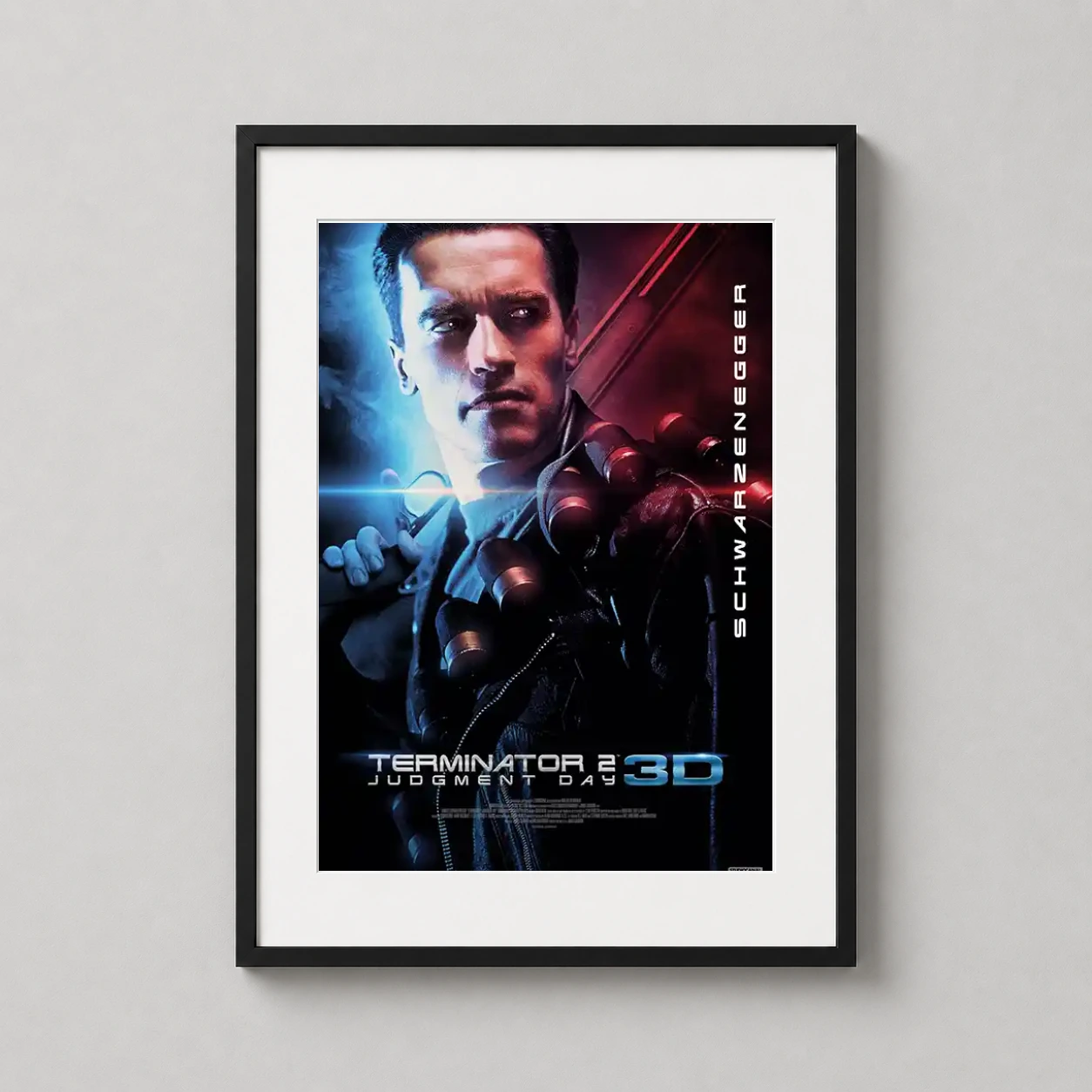 Room mockup of Terminator 2 Judgment Day T-800 Modern Sci-Fi Movie Poster, displayed as framed wall art in a home theater setting as a portrait print with blue and red tones.