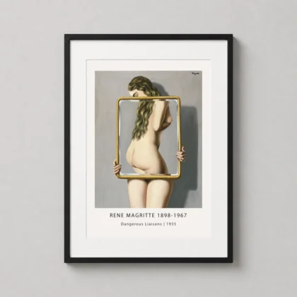A framed Rene Magritte Dangerous Liaisons art print displayed on a clean wall in a modern living space.