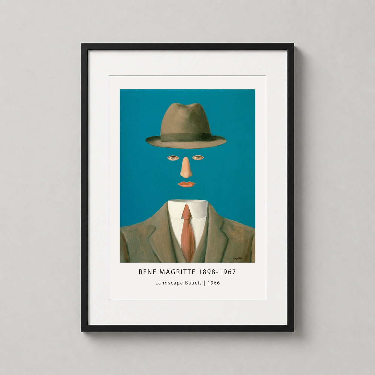Room mockup of Rene Magritte Landscape Baucis 1966 Surrealist Art Print, displayed as framed wall art in a living room setting as a portrait print with teal and brown tones.