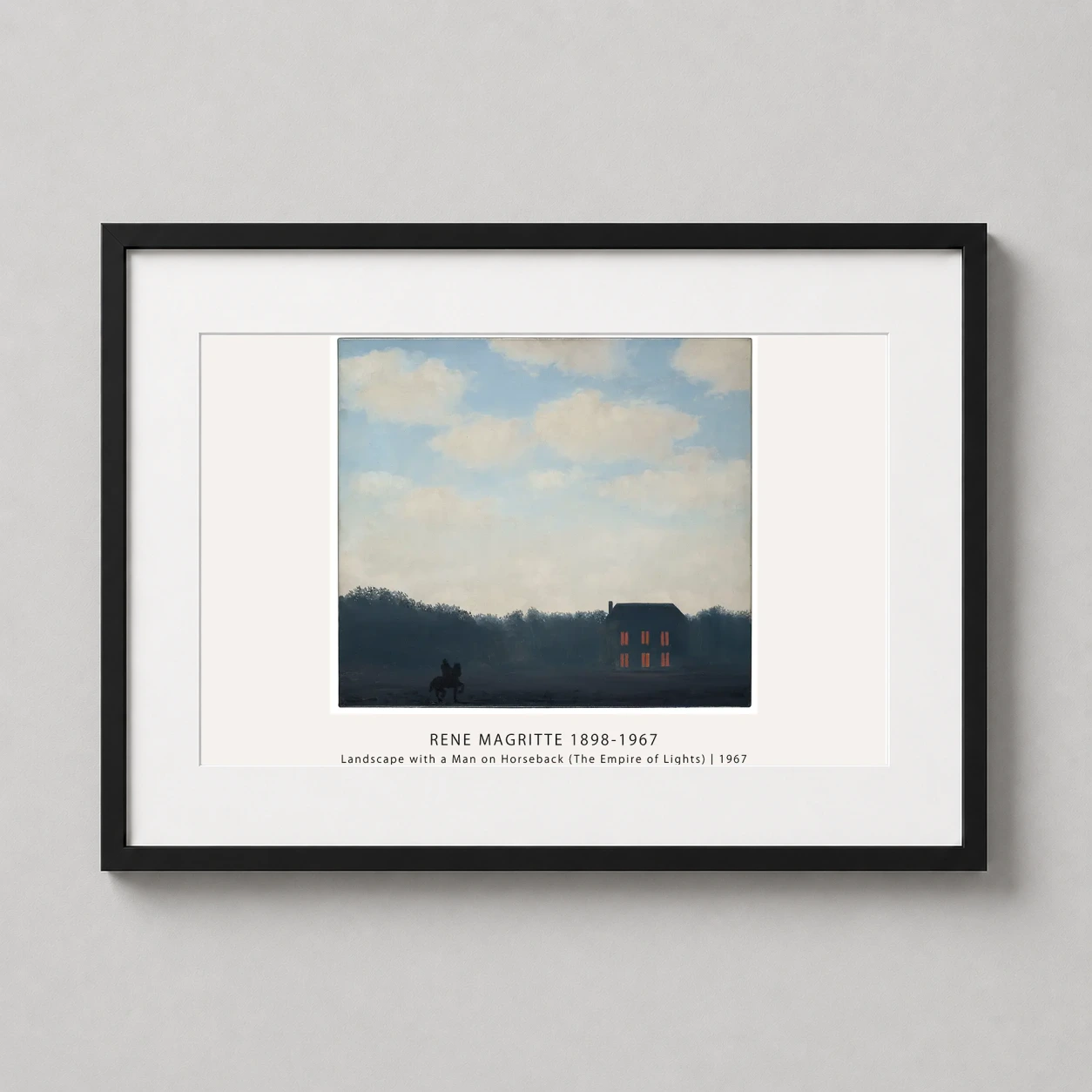 Room mockup of Empire of Light Print, Magritte Day Sky Night House Art, displayed as framed wall art in a living room setting as a landscape print with blue tones.