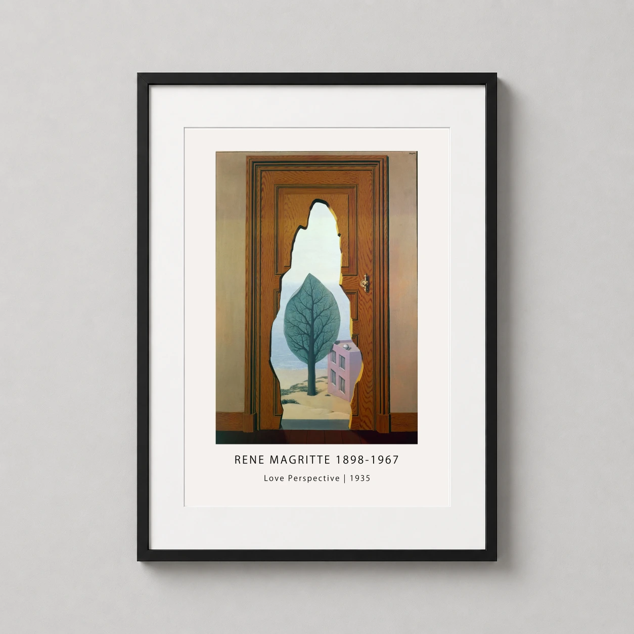 Room mockup of Love Perspective Print, Magritte Doorway Tree Surreal Art, displayed as framed wall art in a bedroom setting as a portrait print with blue and green tones.