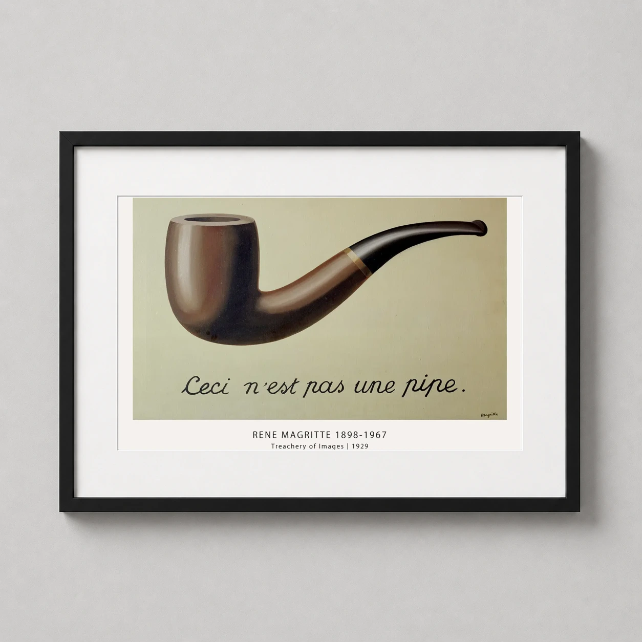 Room mockup of René Magritte The Treachery of Images Pipe Surrealism Art Print, displayed as framed wall art in a living room setting as a landscape print with brown tones.