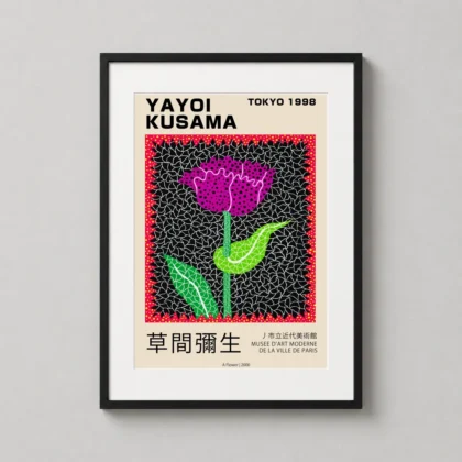 MerchFuse Yayoi Kusama Flower – Tokyo 1998 Exhibition travel poster with travel character