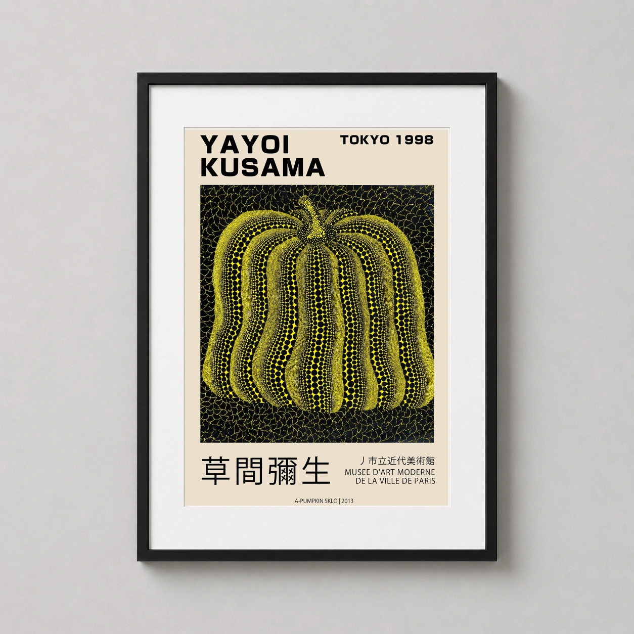 Room mockup of Yayoi Kusama Tokyo 1998 Yellow Pumpkin Exhibition Art Print, displayed as framed wall art in a living room setting as a portrait print with yellow and black tones.