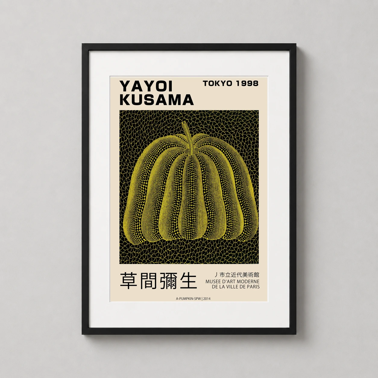 Yayoi Kusama Tokyo 1998 — vibrant yellow pumpkin covered in black polka dots set against a