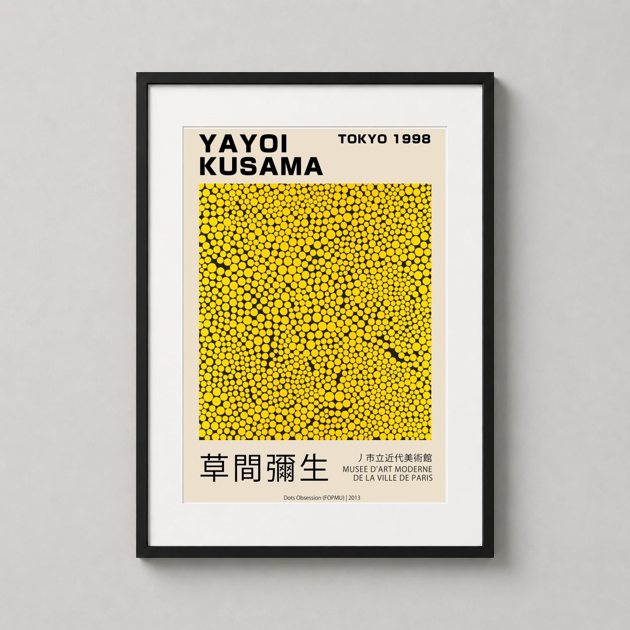 Room mockup of Yayoi Kusama Dots Obsession Tokyo 1998 Museum Exhibition Art Print, displayed as framed wall art in a living room setting as a portrait print with yellow and black tones.