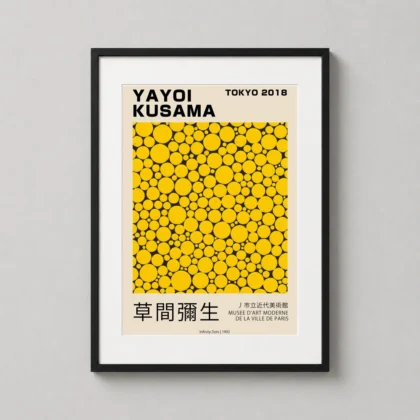 MerchFuse Yayoi Kusama – Infinity Dots 1992 Tokyo Exhibition travel poster with travel character