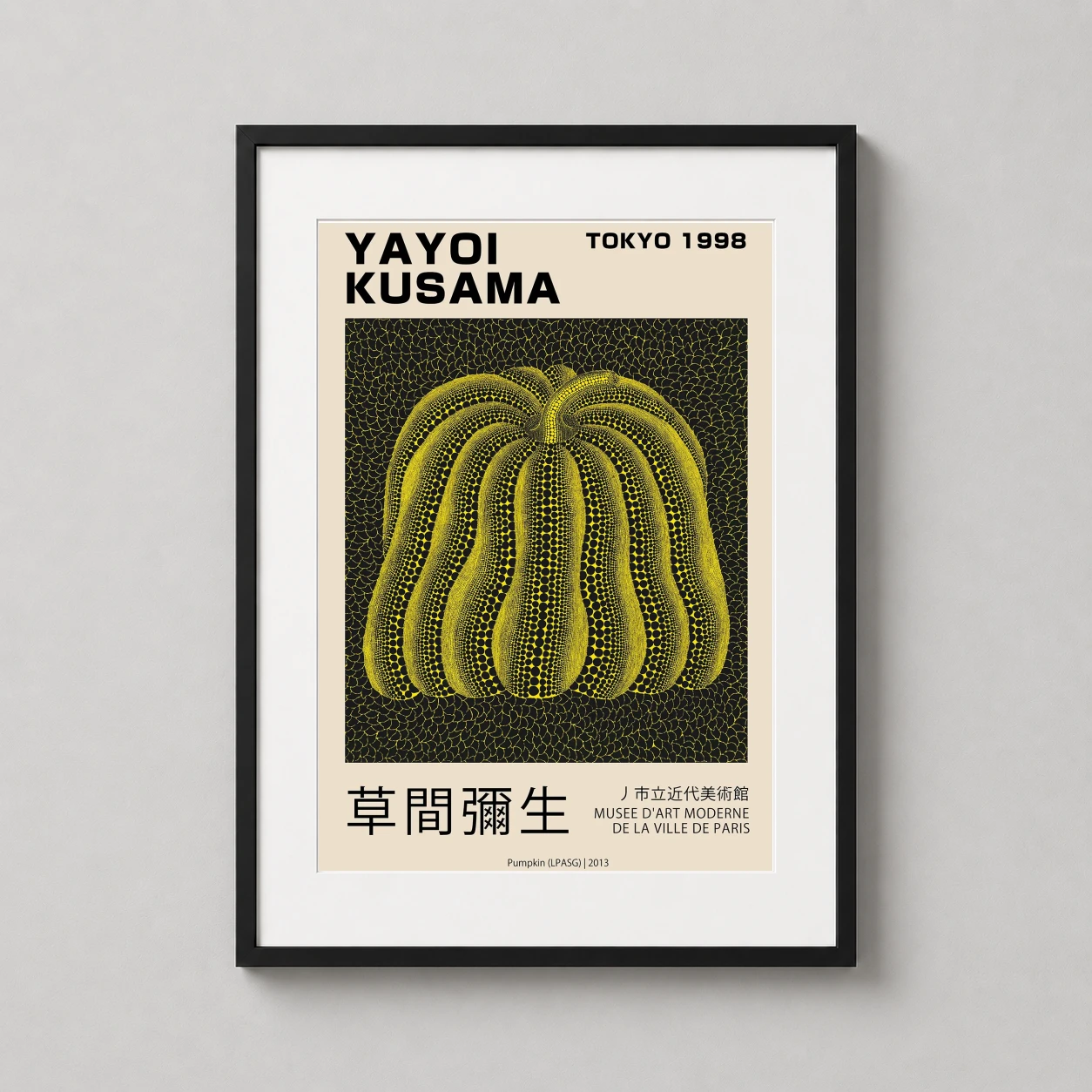 Yayoi Kusama Tokyo 1998 — vibrant yellow pumpkin covered in black dots against an intricate net