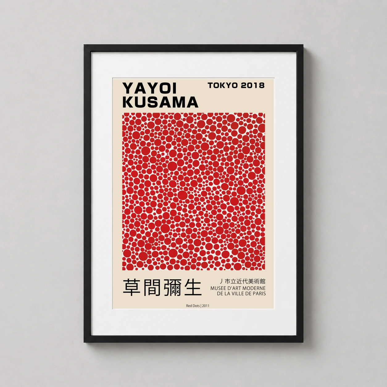 Yayoi Kusama Red Dots — vibrant Yayoi Kusama exhibition poster featuring a dense pattern of red