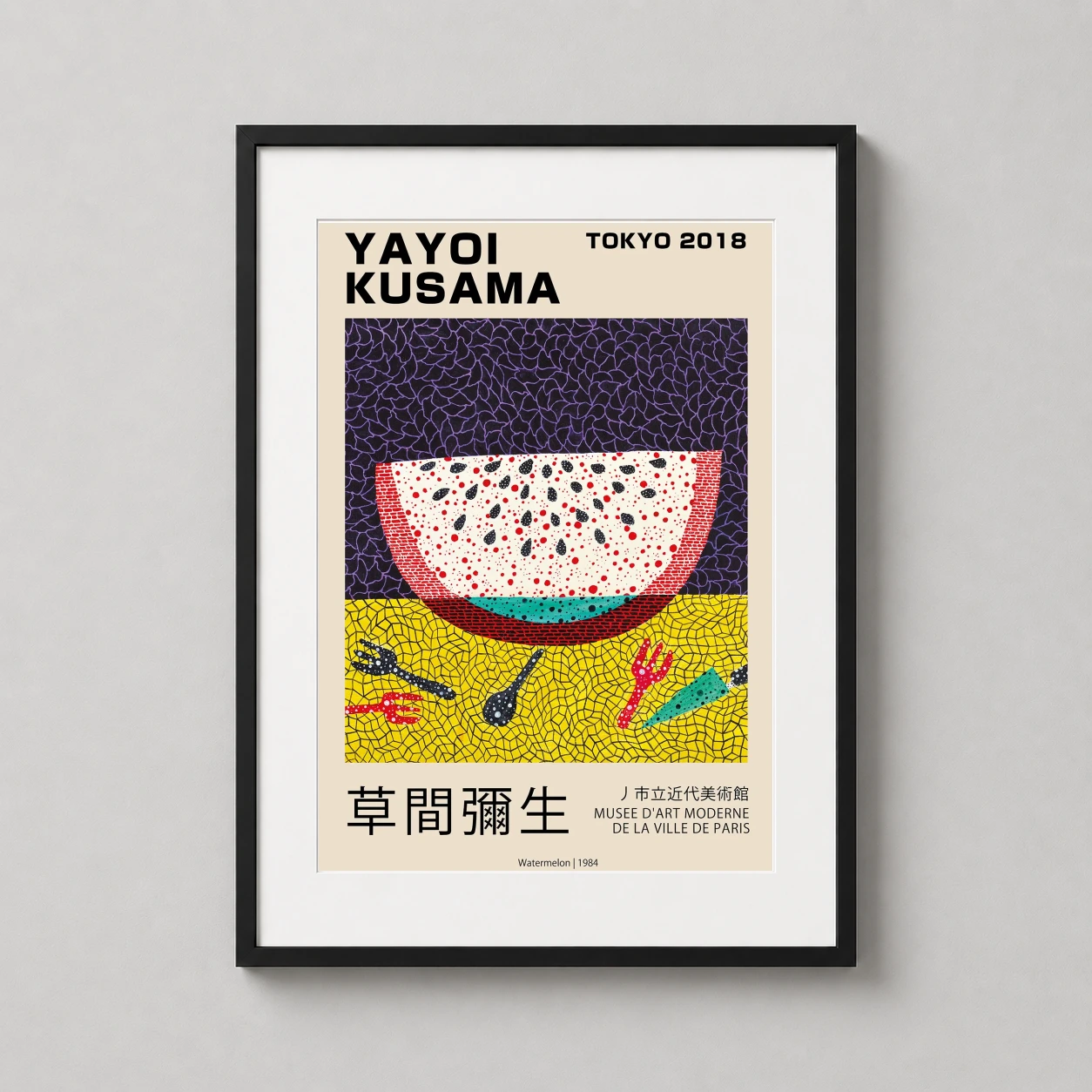Yayoi Kusama Watermelon — vibrant slice of watermelon featuring Kusama's signature dots and nets
