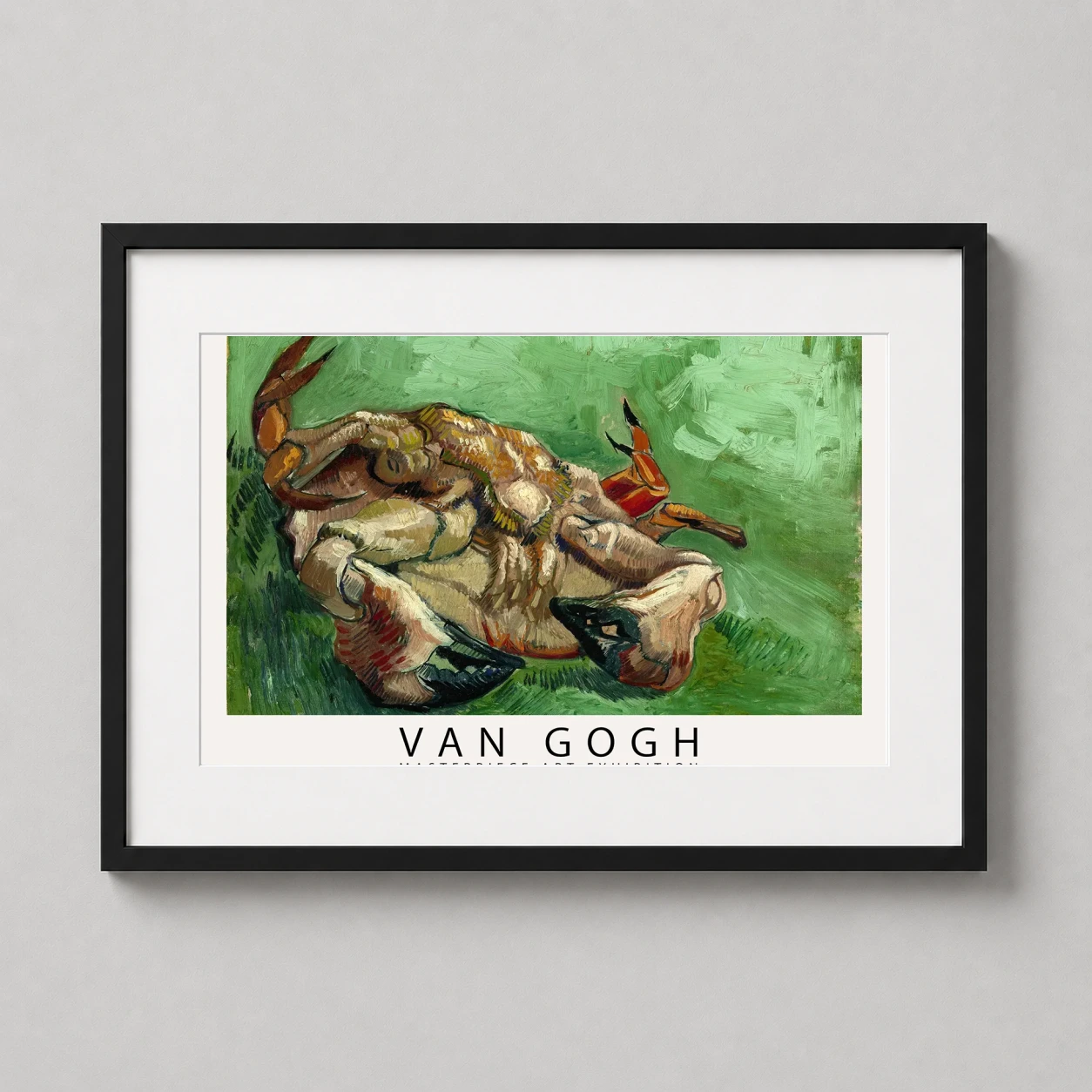 Room mockup of Van Gogh A Crab on Its Back Exhibition Art Print, displayed as framed wall art in a living room setting as a landscape print with green tones.