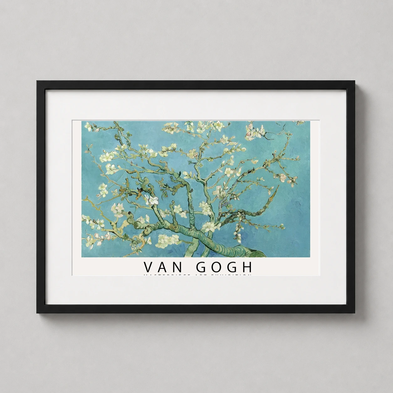 Room mockup of Van Gogh Almond Blossom, Masterpiece Exhibition Art Print, displayed as framed wall art in a living room setting as a landscape print with teal and white tones.