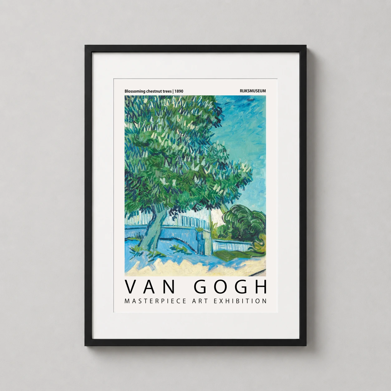 Room mockup of Van Gogh Blossoming Chestnut Trees Exhibition Art Print, displayed as framed wall art in a living room setting as a portrait print with blue and green tones.