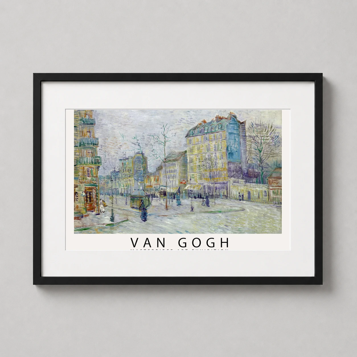 Room mockup of Boulevard de Clichy 1887 Paris Van Gogh Exhibition Art Print, displayed as framed wall art in a living room setting as a landscape print with green and yellow tones.