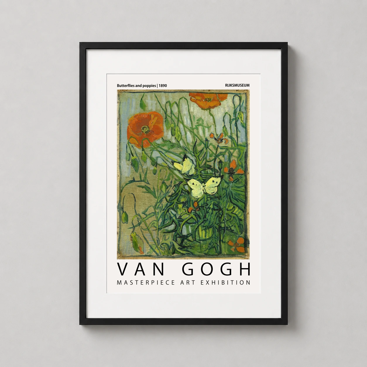 Room mockup of Van Gogh Butterflies and Poppies, Exhibition Museum Art Print, displayed as framed wall art in a living room setting as a portrait print with green, yellow, and orange tones.