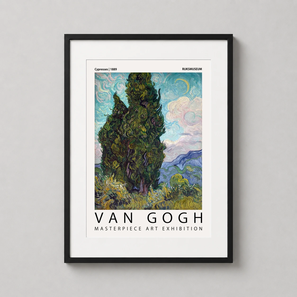 Room mockup of Van Gogh Cypresses 1889 Exhibition Impressionist Art Print, displayed as framed wall art in a living room setting as a portrait print with blue and green tones.
