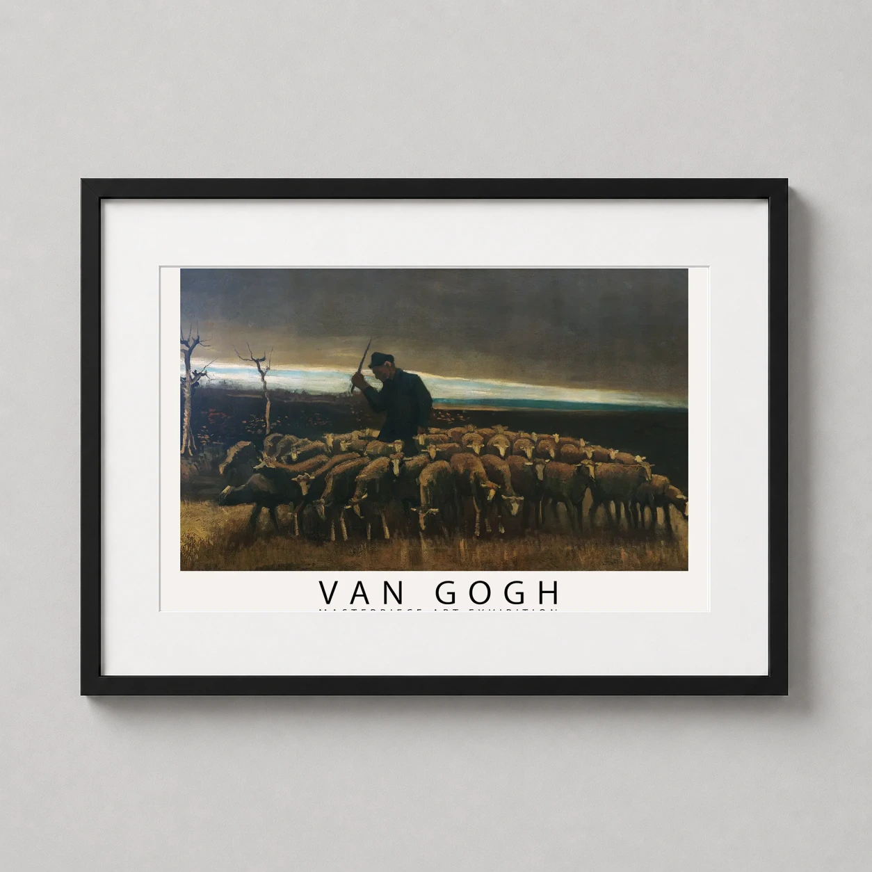 Room mockup of Van Gogh After the Storm Shepherd and Sheep Exhibition Print, displayed as framed wall art in a living room setting as a landscape print with yellow and brown tones.