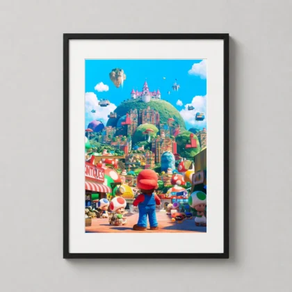 Super Mario Movie Poster Print showing Mario looking at the Mushroom Kingdom castle on matte wall art. by MerchFuse