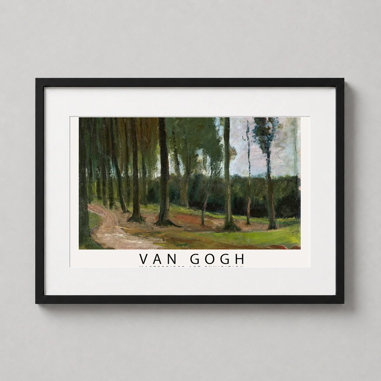 Van Gogh Edge Wood — moody forest scene featuring tall slender trees, a winding dirt path