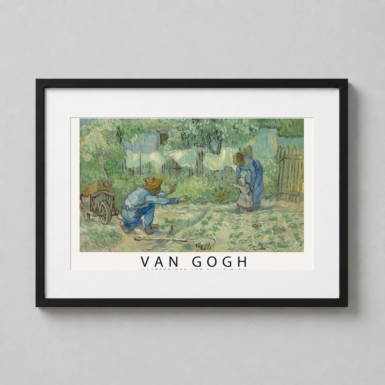 Room mockup of Van Gogh First Steps after Millet Masterpiece Exhibition Art Print, displayed as framed wall art in a living room setting as a landscape print with yellow tones.