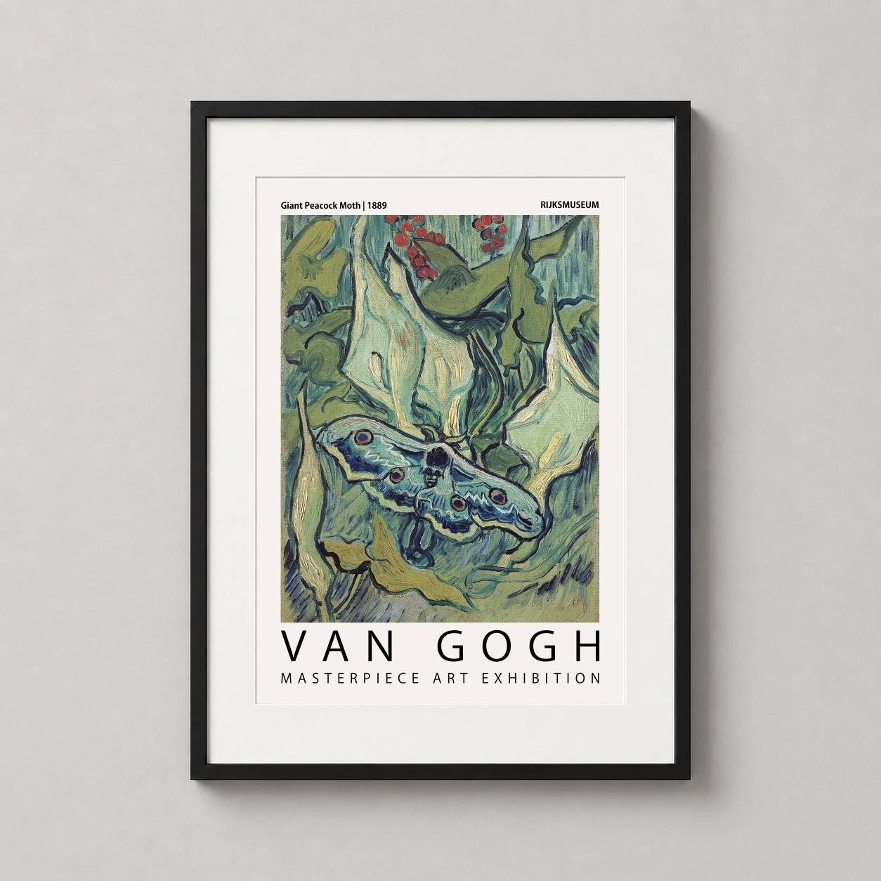 Room mockup of Giant Peacock Moth 1889 Van Gogh Masterpiece Art Print, displayed as framed wall art in a living room setting as a portrait print with blue, green, and red tones.